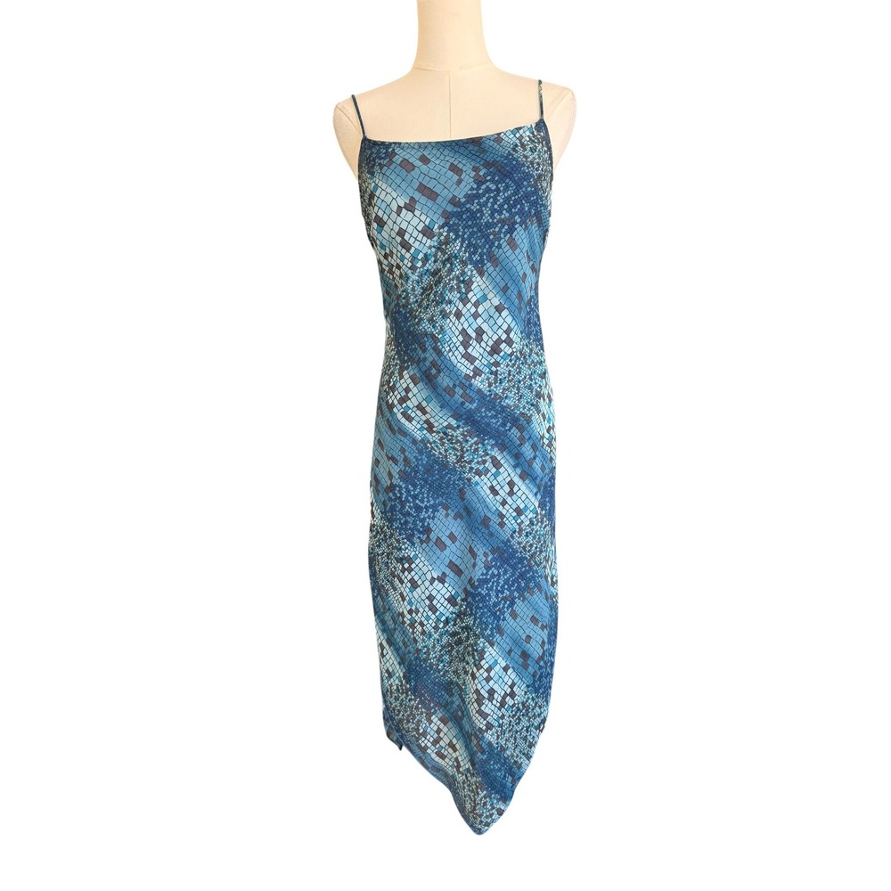 La Belle Vintage Blue Mosaic Snakeskin Handkerchief Hem Midi Dress Size 9